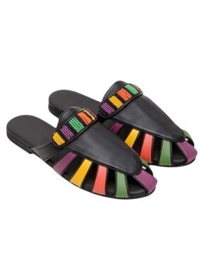 Farm Rio Black Rainbow Beaded Mule Vegan Leather - Size 6.5 US, 37 EU